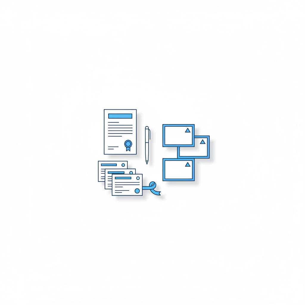Minimalist vector flat lay of blank vehicle title document repair invoices and dated car photos with a small 3666ed ribbon to illustrate how to file a complaint against CARFAX