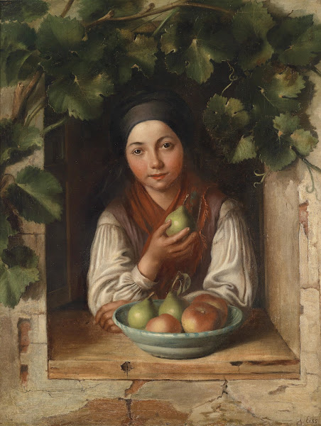Mädchen am weinumrankten Fenster