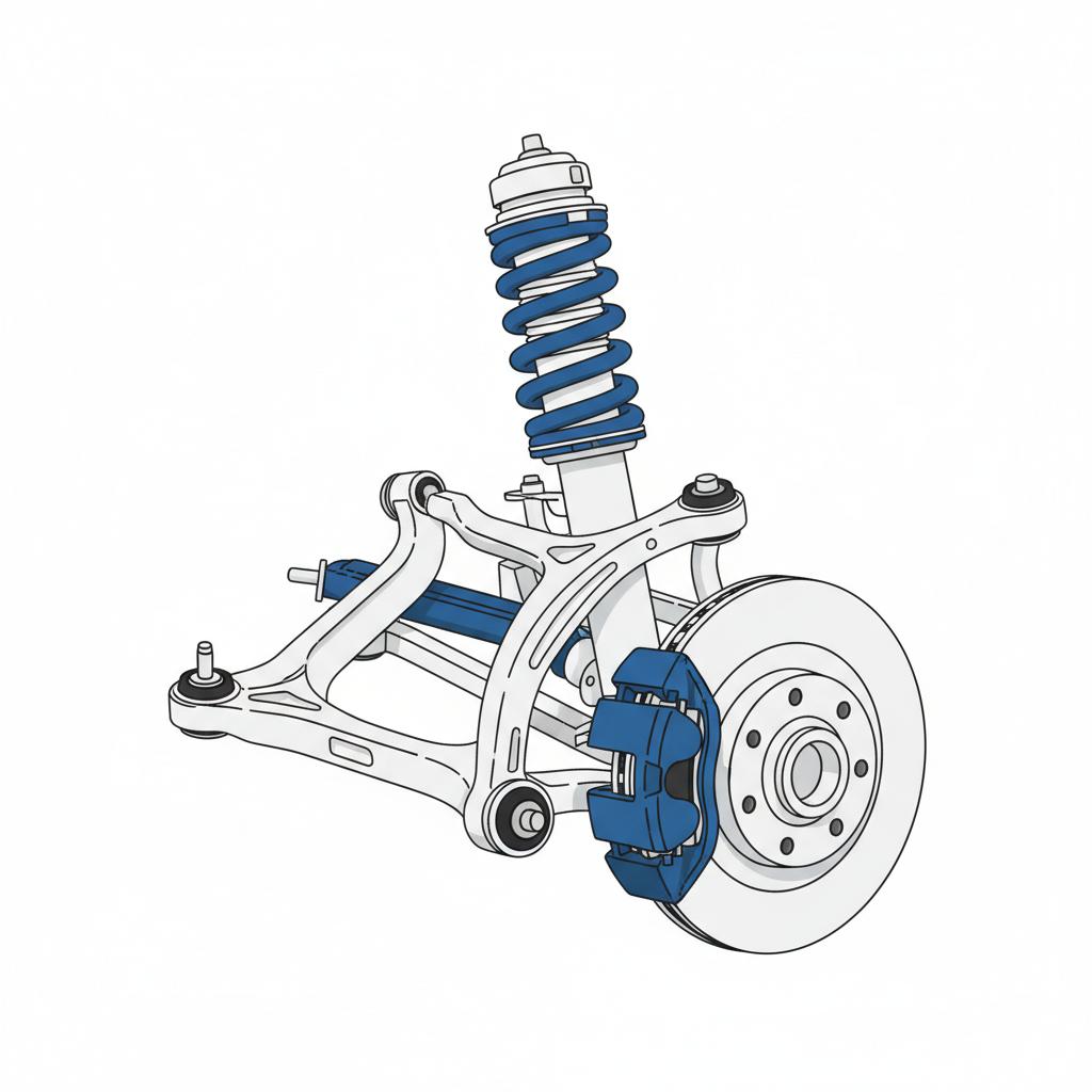 Minimalist 2D vector close up of Audi Q5 suspension control arms and shock absorber on a lift with white background and blue accents audi q5 for sale