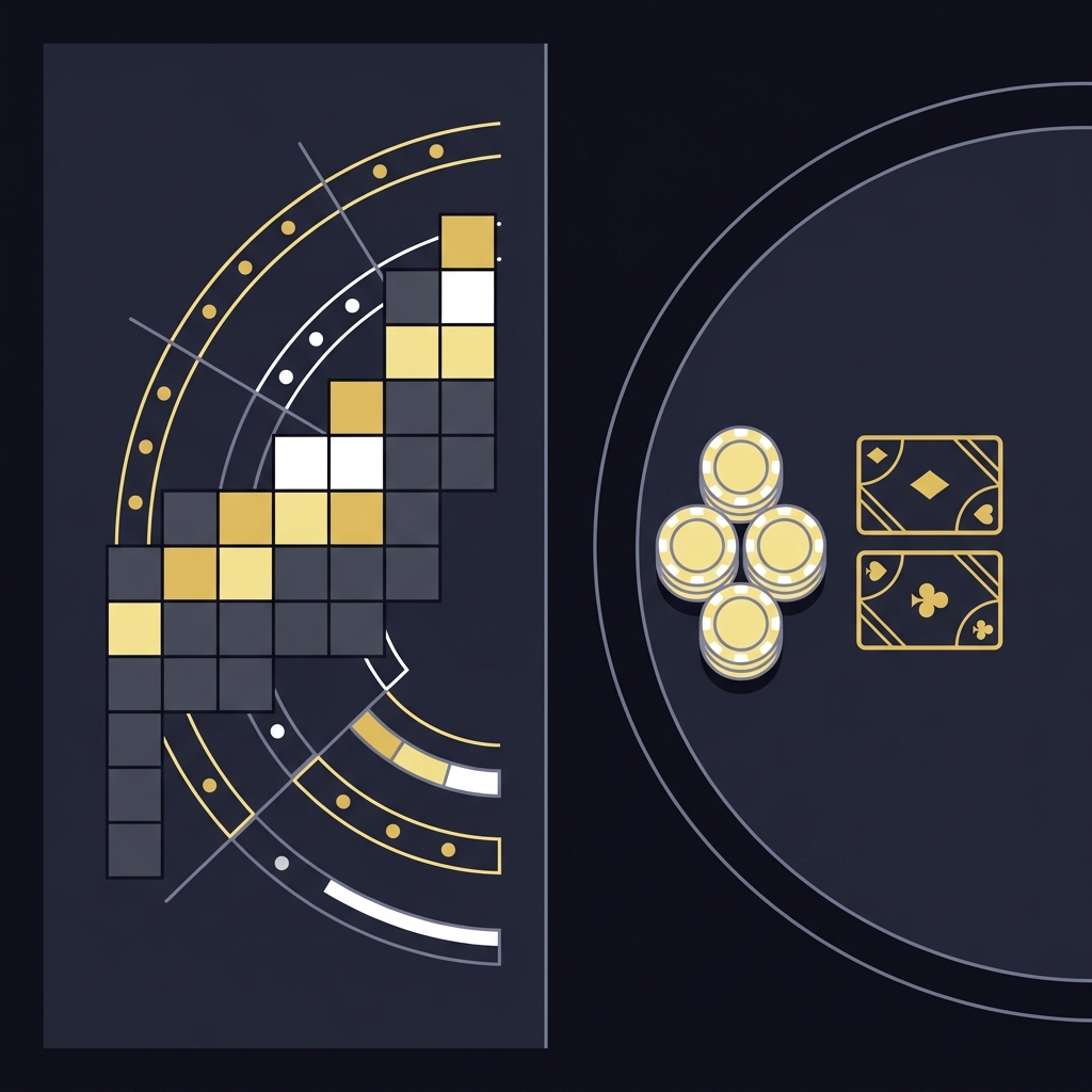 Minimalist 2D vector split screen showing a solver chart and a top down live poker table scene in Funded Plays brand colors illustrating Trading Favorites in Early Tournament Rounds