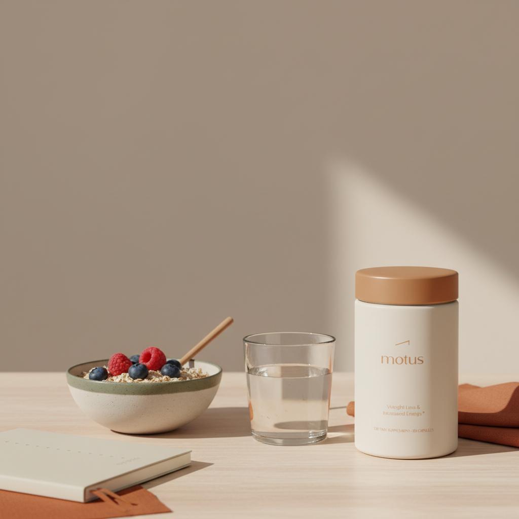 Minimalist kitchen morning scene with Tonum Motus container beside a bowl of whole grains and berries and a notebook of short goals — what are the symptoms of fatty liver