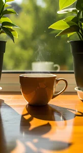 Steaming Coffee Mug Sunlight Potted Plants Window