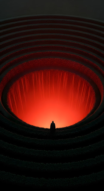 Solitary Figure at the Edge of a Giant Chasm Filled with Red Glowing Light - Free mobile Wallpaper