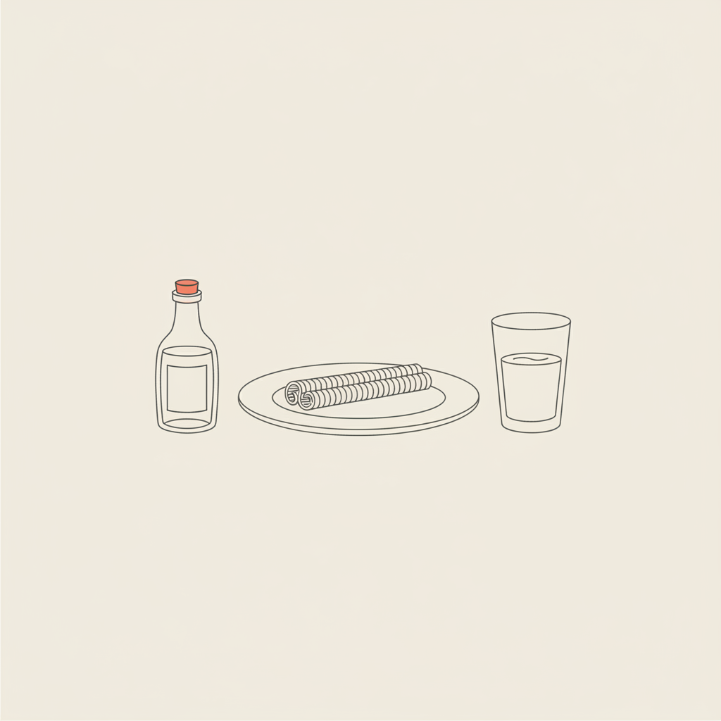 Minimalist Tonum-style line illustration of a plate with a cinnamon stick, small vinegar bottle, and water glass on beige background — cinnamon for blood sugar