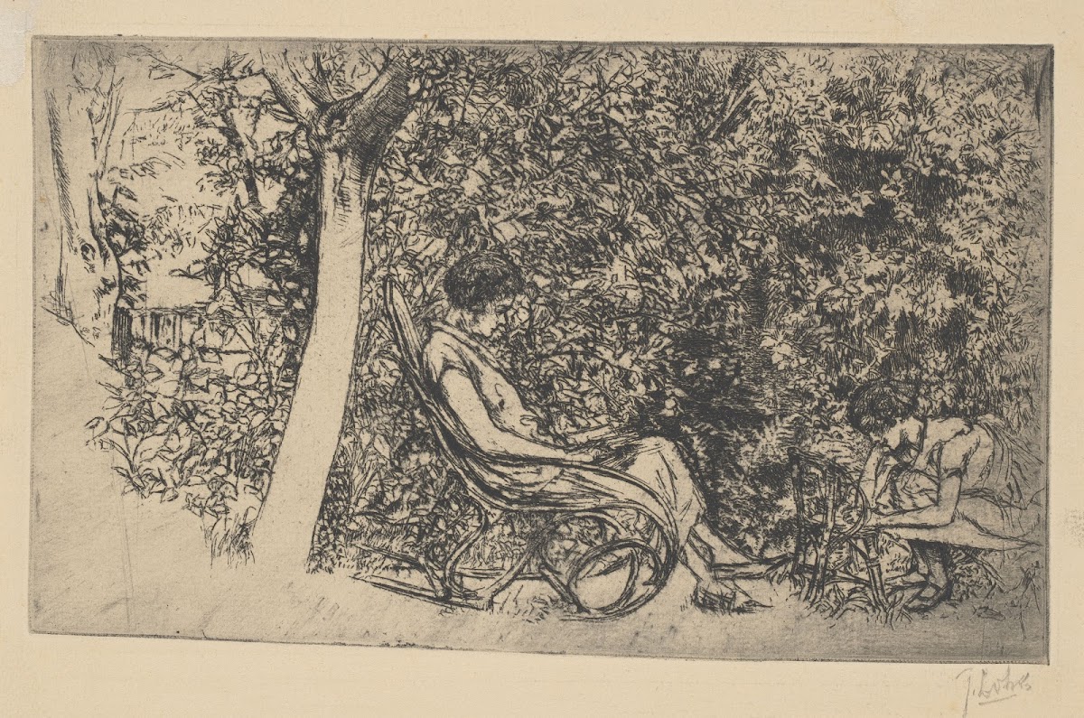 Woman and girl in garden 20th century