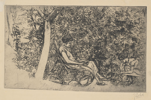 Woman and girl in garden 20th century