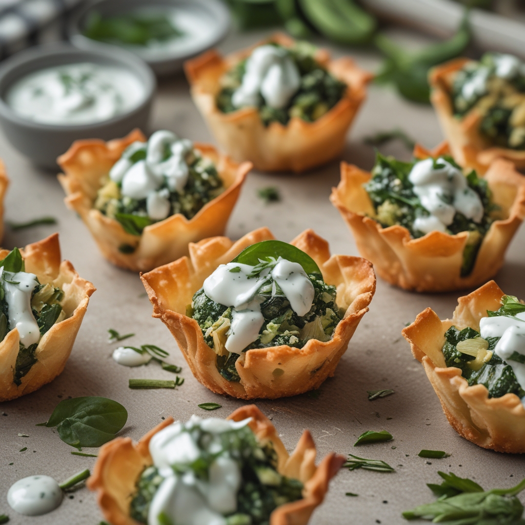 Crispy Greek Spinach(---Artichoke Wonton Cups with Tzatziki Drizzle