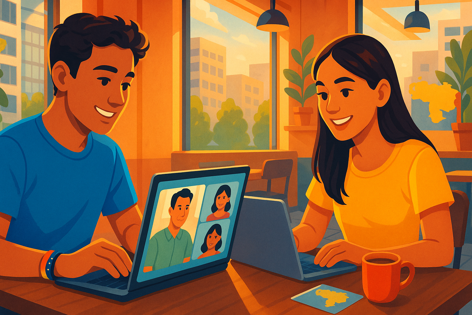 Venezolanos trabajando remoto desde un café con laptop y videollamada