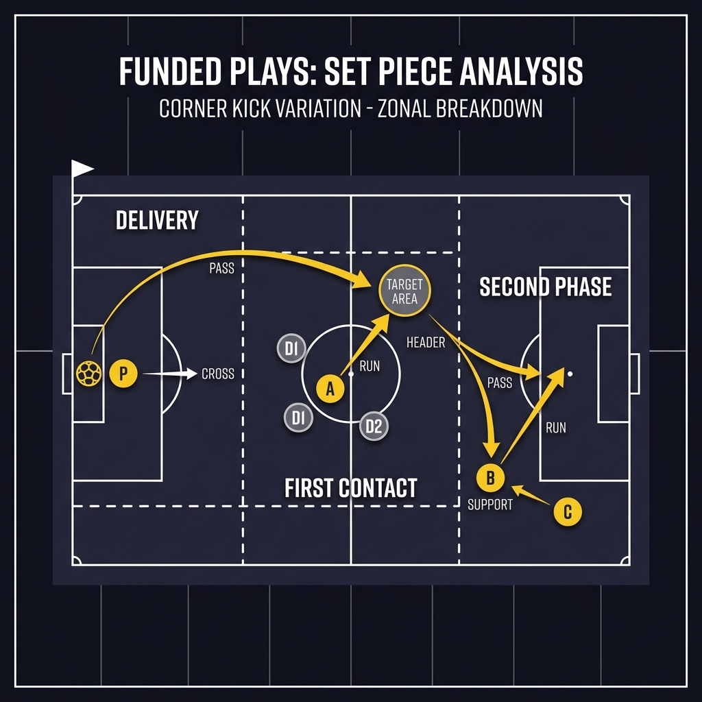 How to Analyze Set-Piece Strength tactical whiteboard showing delivery zones and three labeled phases delivery first contact second phase on Funded Plays dark background