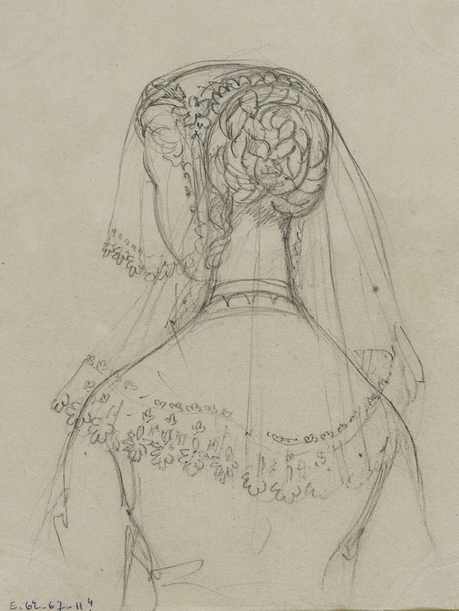 Tête féminine de dos avec voile brodé 1867