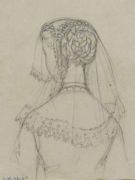 Tête féminine de dos avec voile brodé 1867