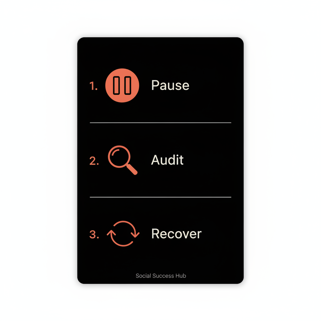Minimal three-step infographic card showing "Pause, Audit, Recover" checklist with pause, magnifying-glass, and refresh icons in brand colors — Warum entfernt Instagram Hashtags