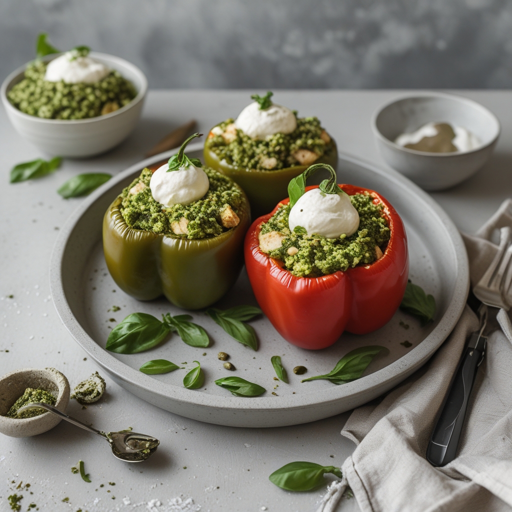 Pesto Chicken Caprese Stuffed Bell Peppers with Balsamic Glaze