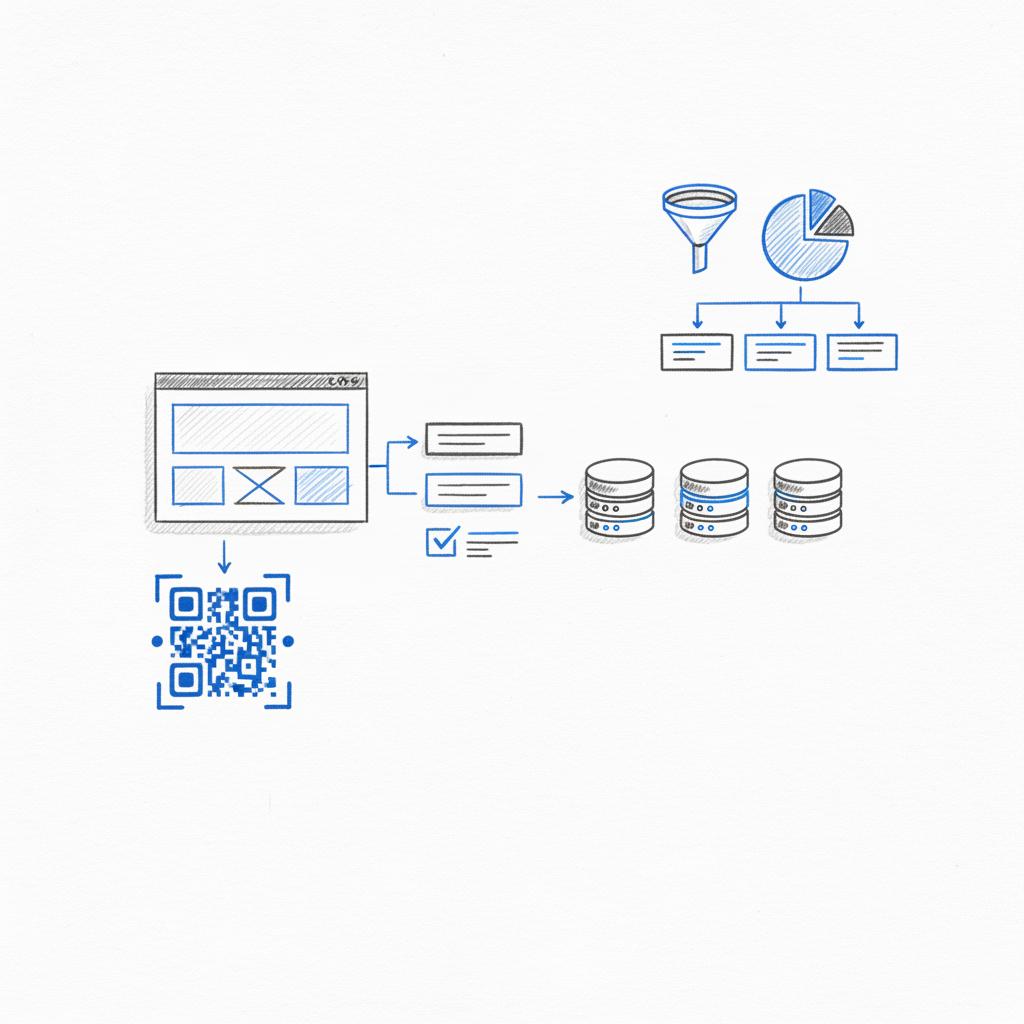 Close-up notebook sketch of a landing page, QR code, short forms with consent checkbox and arrows to CRM icons illustrating how to generate leads for events in a minimalist brand palette.