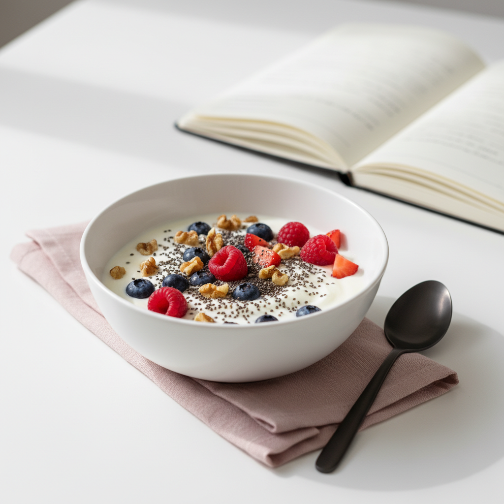 Minimalistische Frühstücksbowl mit Joghurt, Walnüssen, Chiasamen und Beeren auf weißem Tisch, dezente rosa Serviette; Bild zur Ernährung gegen Haarausfall.