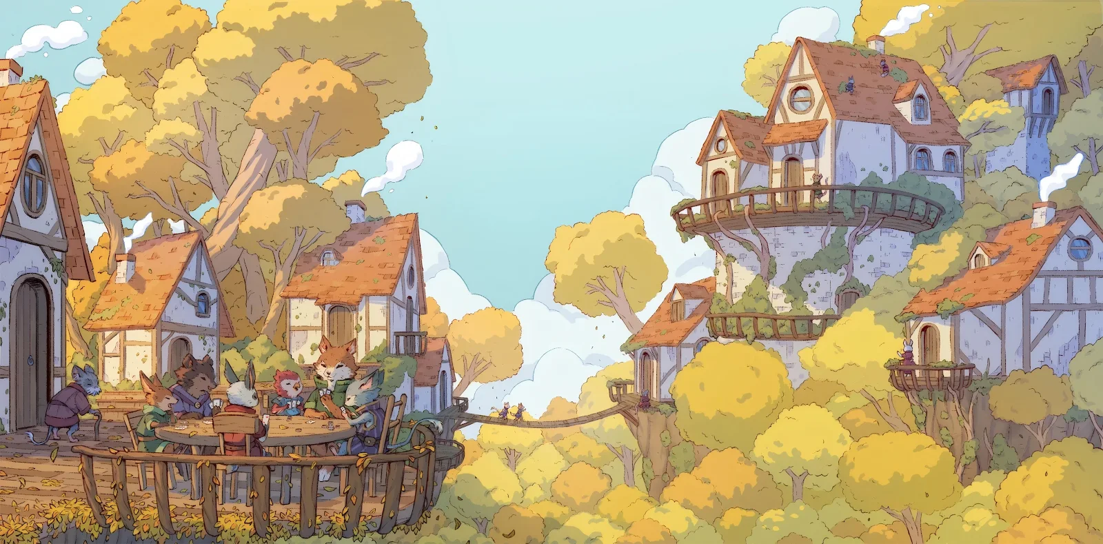 Forest Village Card Game In Autumn - Whimsical Digital Illustration 4K Wallpaper (4380x2160)