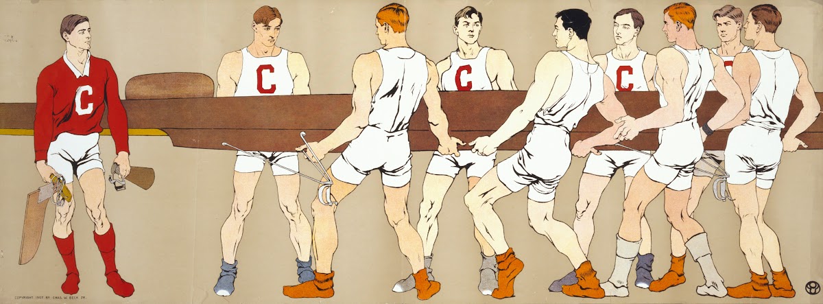 Cornell crew team holding a boat on left is team coxswain 1907