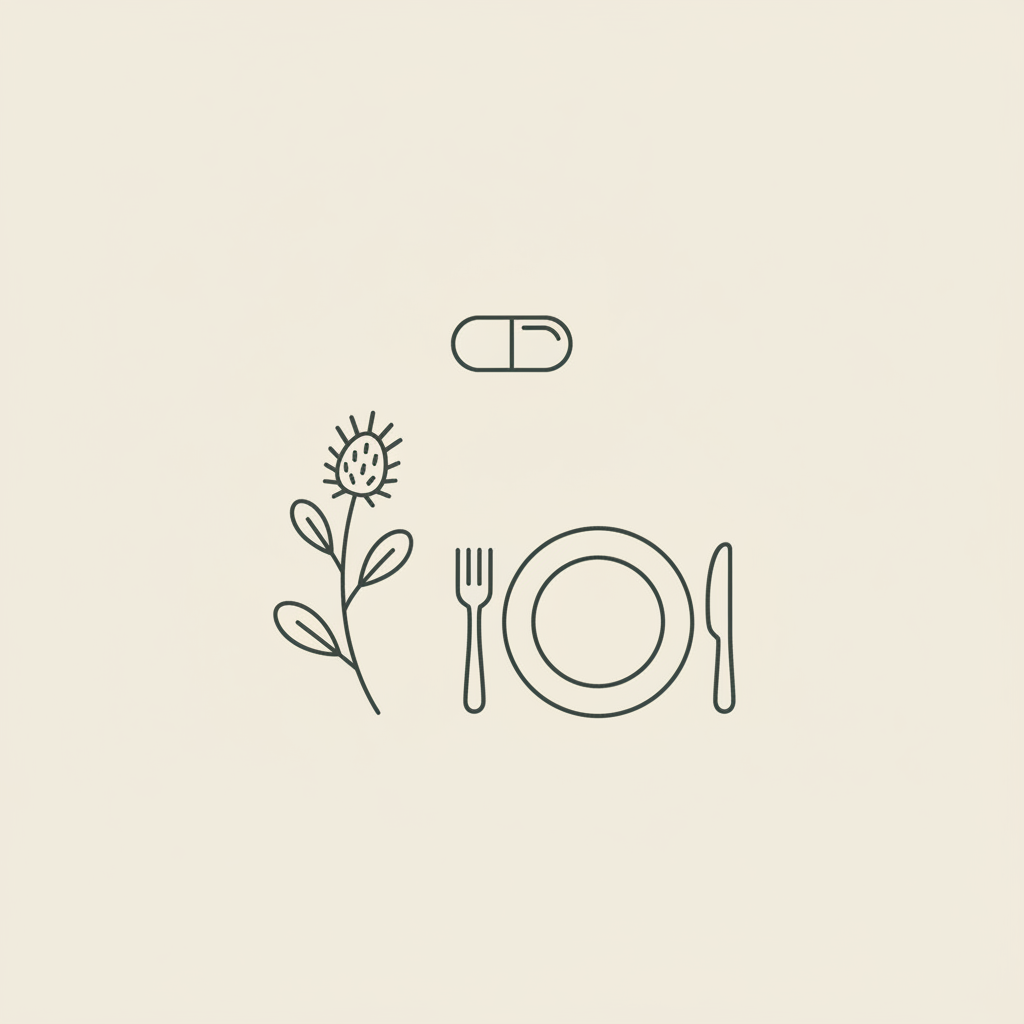 Minimalist vector line illustration of a capsule, milk thistle sprig, and plate with fork and knife on beige background — do fat burners work without exercise