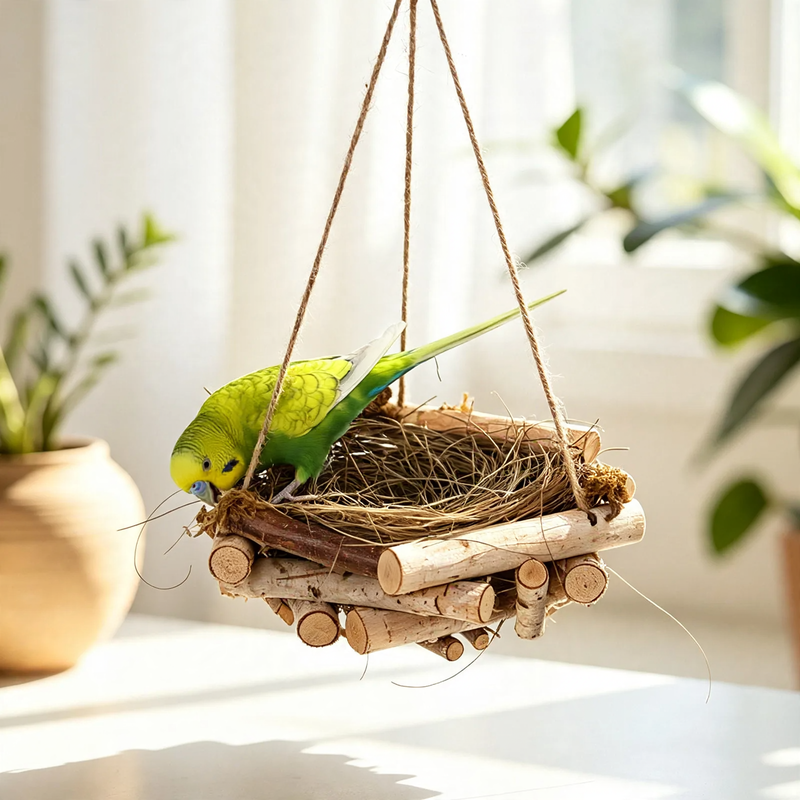 Hanging birdhouse made of birch wood