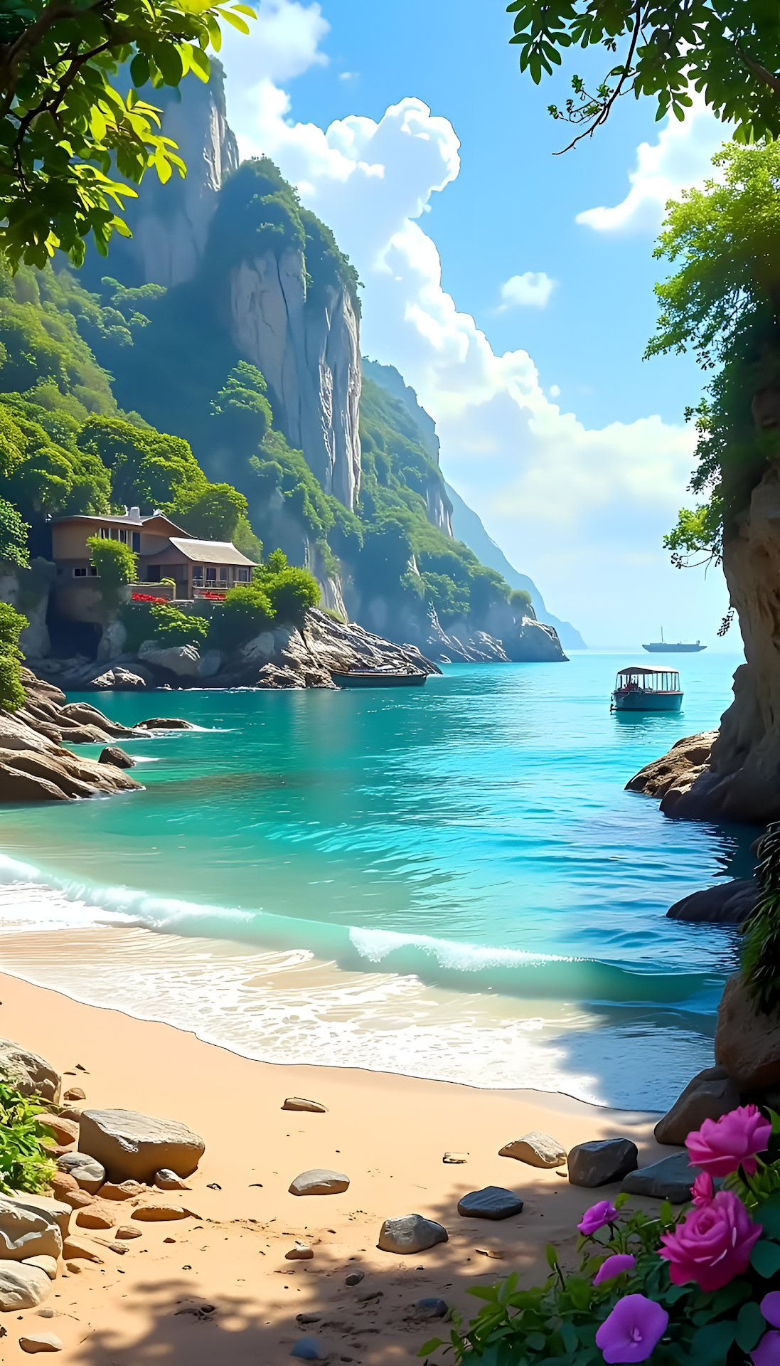 Vibrant Tropical Cove Beach with Turquoise Water and Cliffs - Free 4K mobile Wallpaper
