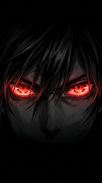 Minimalist Anime Style Dark Portrait with Glowing Red Eyes - Free mobile Wallpaper