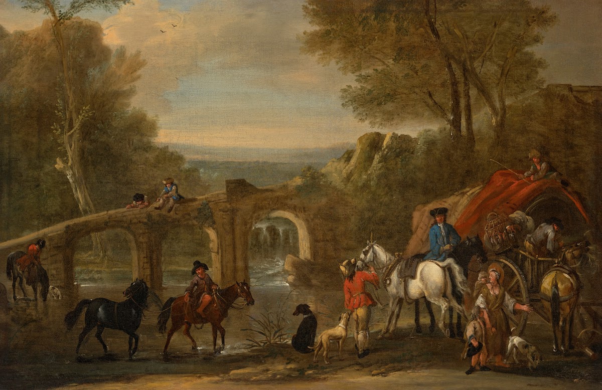 Figures and horses by a bridge in a river landscape