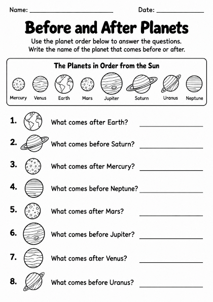 Before and After Planets Worksheet