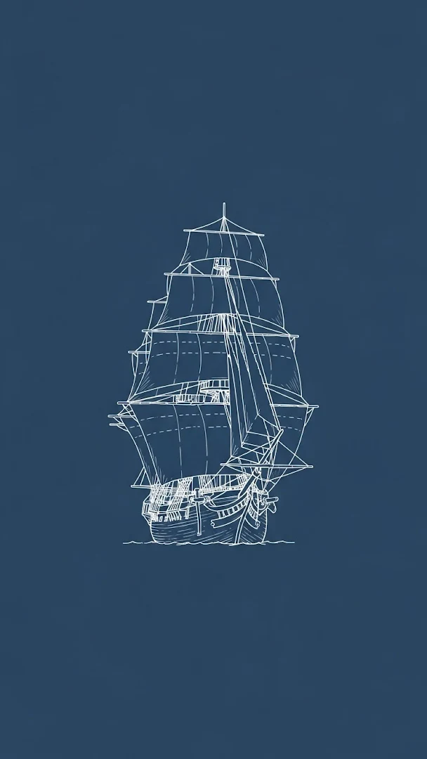 Minimalist White Line Sketch of a Sailboat on a Navy Blue Background