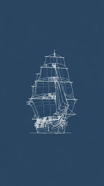 Minimalist White Line Sketch of a Sailboat on a Navy Blue Background - Free mobile Wallpaper