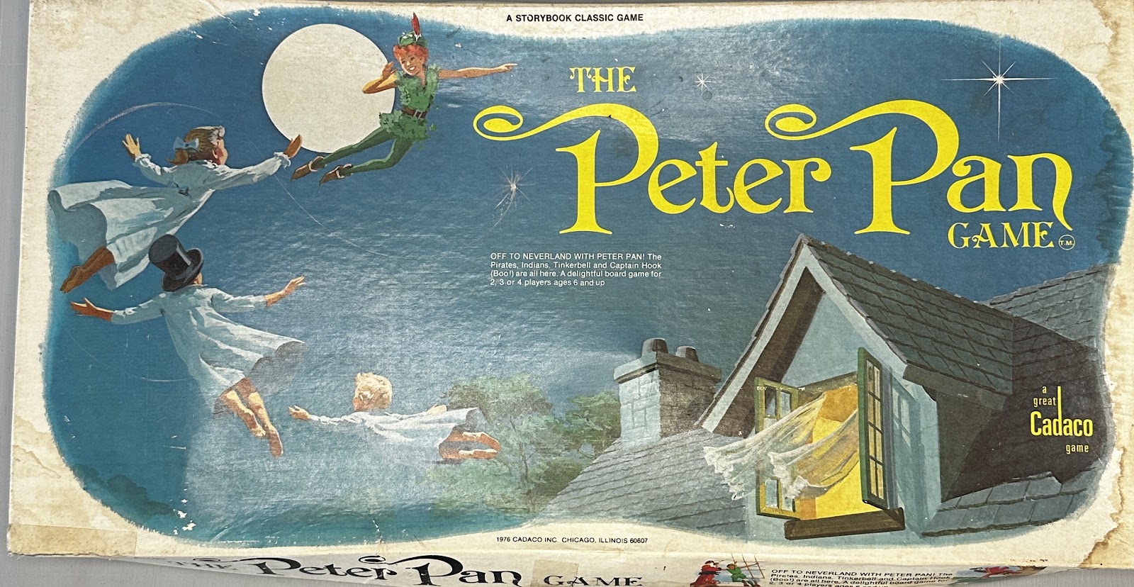 The Peter Pan Game by Cadaco Inc., 1976, with storybook cover art of Peter Pan, Wendy, and the Darling children