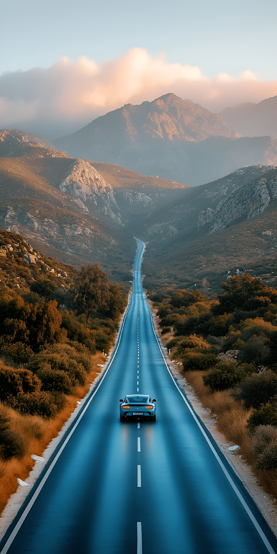 Luxury Sports Car Driving Long Blue Mountain Valley Road - Free 4K mobile Wallpaper