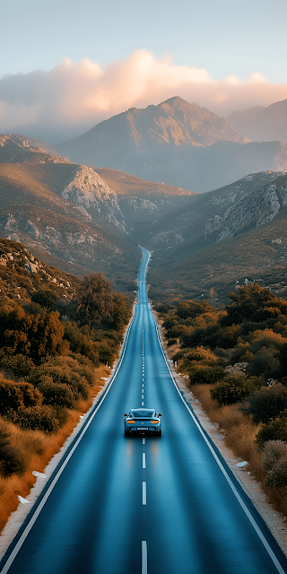 Luxury Sports Car Driving Long Blue Mountain Valley Road - Free mobile Wallpaper