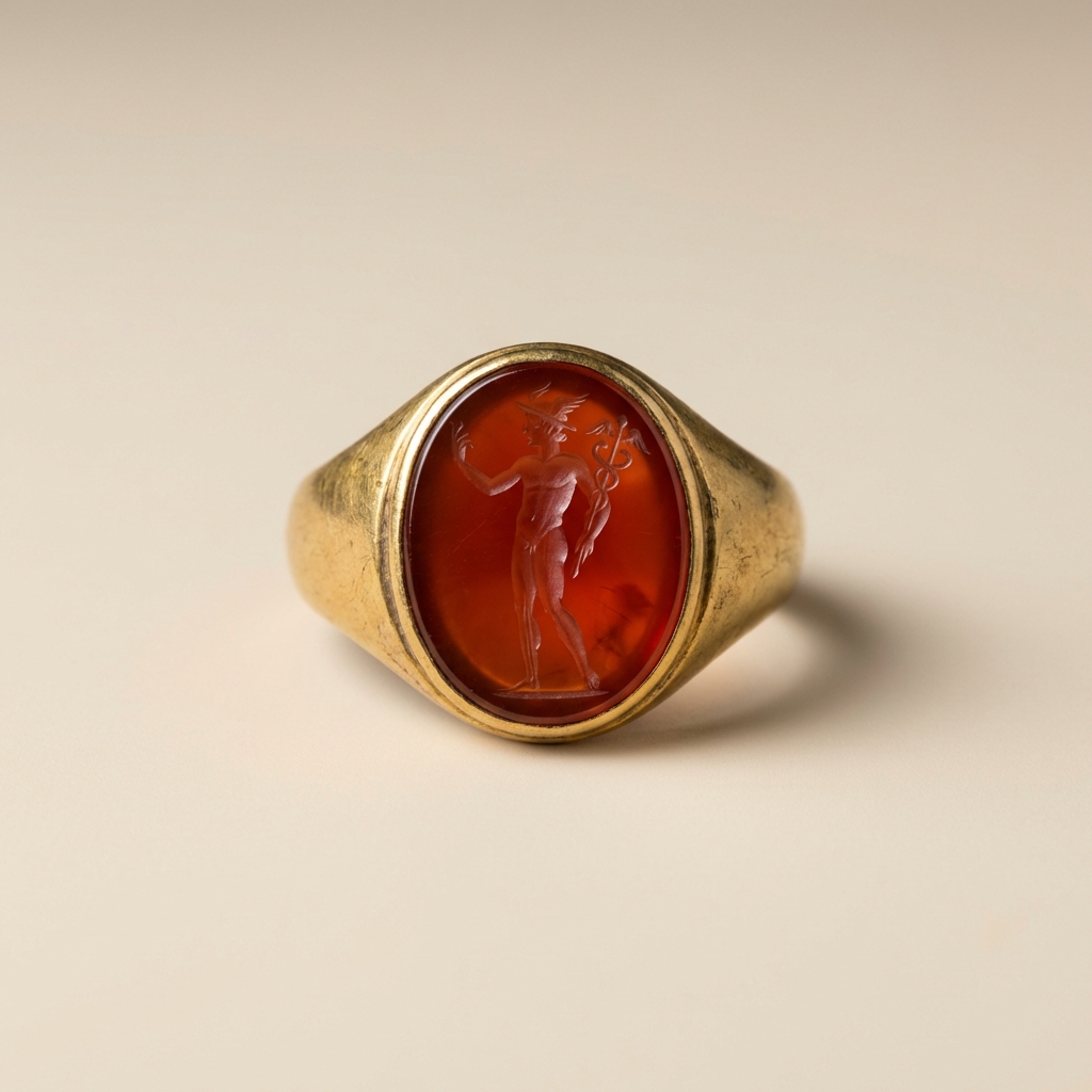 Museum style close up of a carnelian ancient greek signet ring showing incised mythological motif and sharp engraved lines on a warm beige background