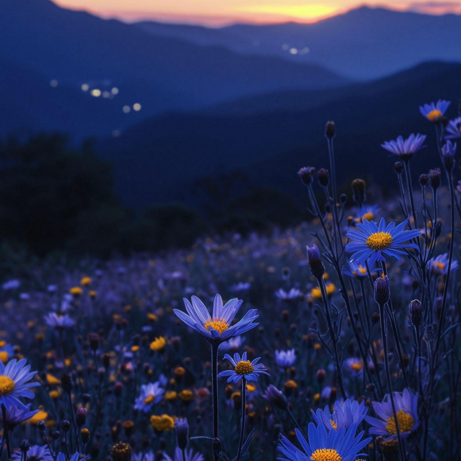 Download Blue Wildflower Field At Sunset 2K iPhone