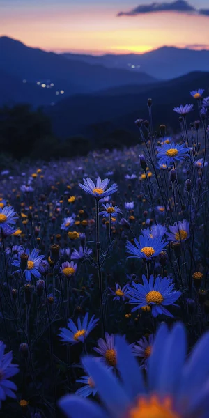 Blue Wildflower Field At Sunset 2K iPhone Wallpaper Background