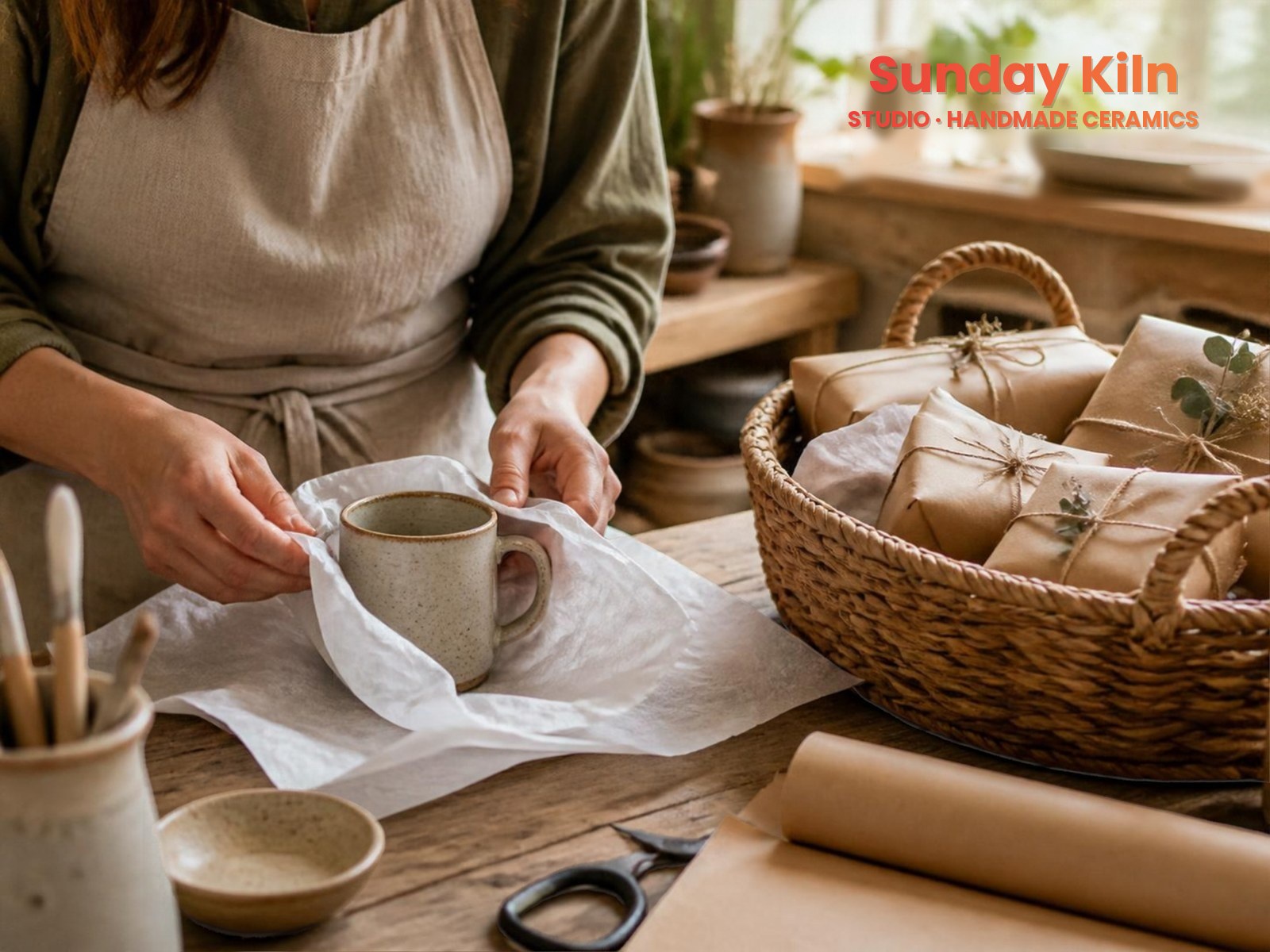 A ceramic maker's hands wrapping a handmade mug in tissue paper, with wrapped orders in a basket beside it