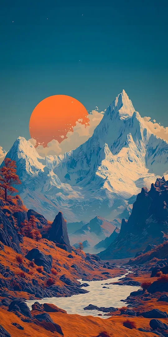 Vibrant Mountain Landscape with Orange Sun and River