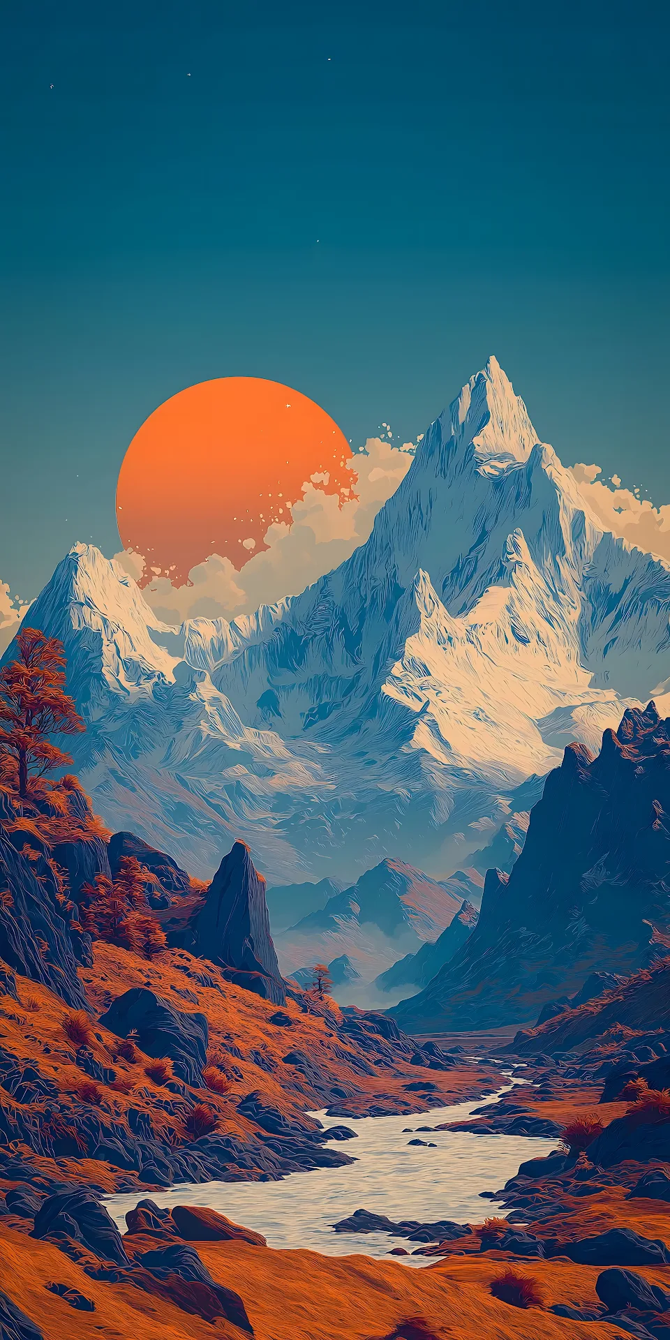 Vibrant Mountain Landscape with Orange Sun and River - Free 4K mobile Wallpaper