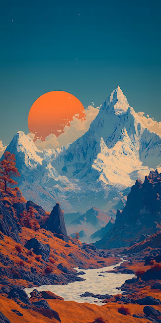 Vibrant Mountain Landscape with Orange Sun and River - Free mobile Wallpaper