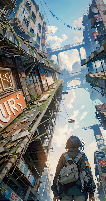 Traveler in Overgrown Cyberpunk Slum City Alley - Free mobile Wallpaper
