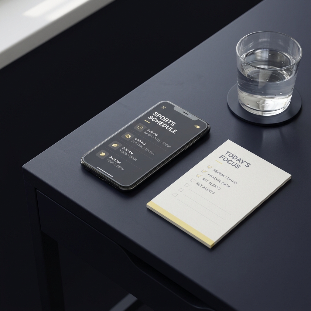 Minimalist desk scene with a smartphone showing a sports schedule a short printed checklist and a cup of water conveying calm focus How to Avoid Emotional Trading After Personal Stress