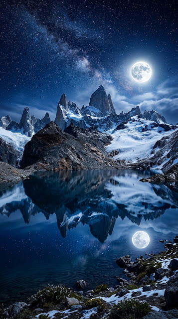 Starry Night Over Rugged Mountains and Reflective Lake - Free mobile Wallpaper