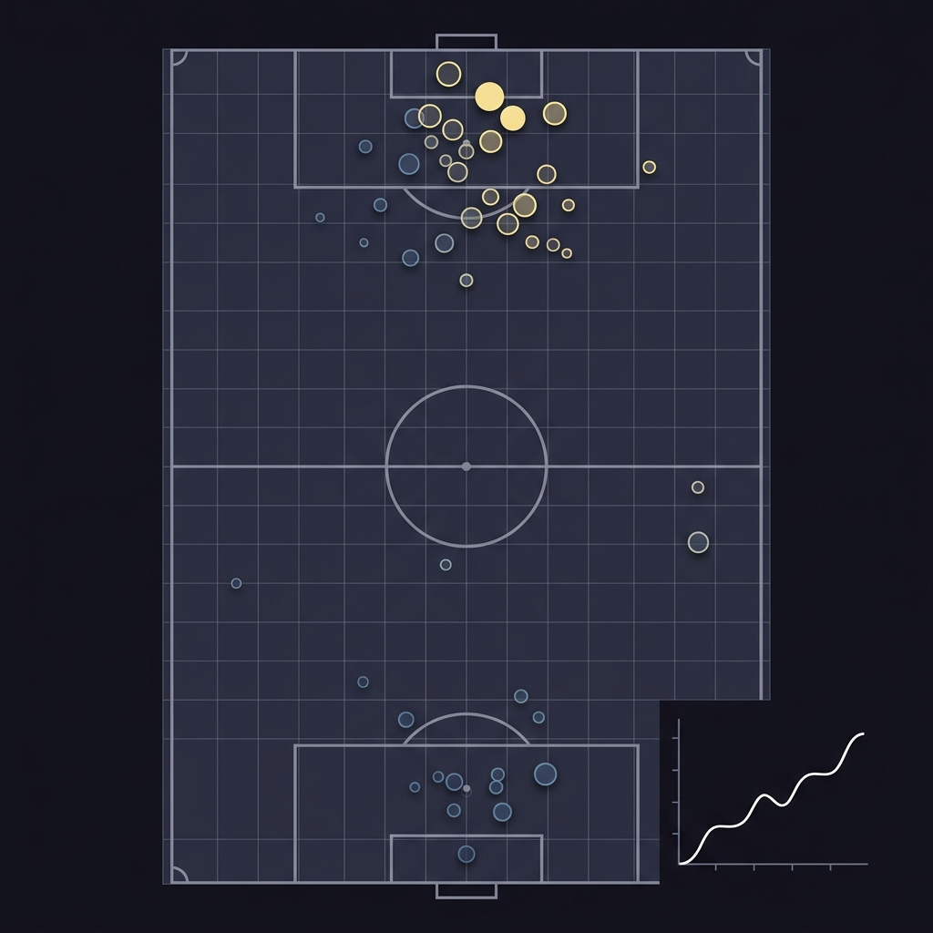Which Sports Statistics Are Most Predictive illustration of a minimalist soccer pitch with shot markers colored by expected goals xG and a small overlay line chart showing expected goals trends