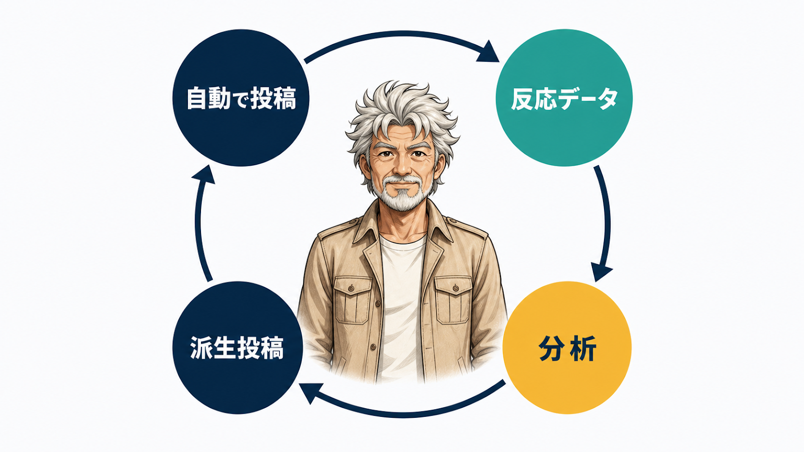 自動で投稿→反応データ→分析→派生投稿の改善循環図