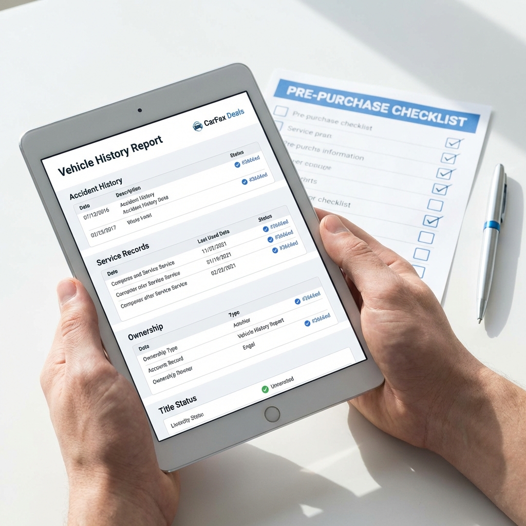 Close up tablet showing a vehicle history report next to a checklist and blue pen held by hands minimalist CarFax Deals styling white background and blue accents cheap cars for sale