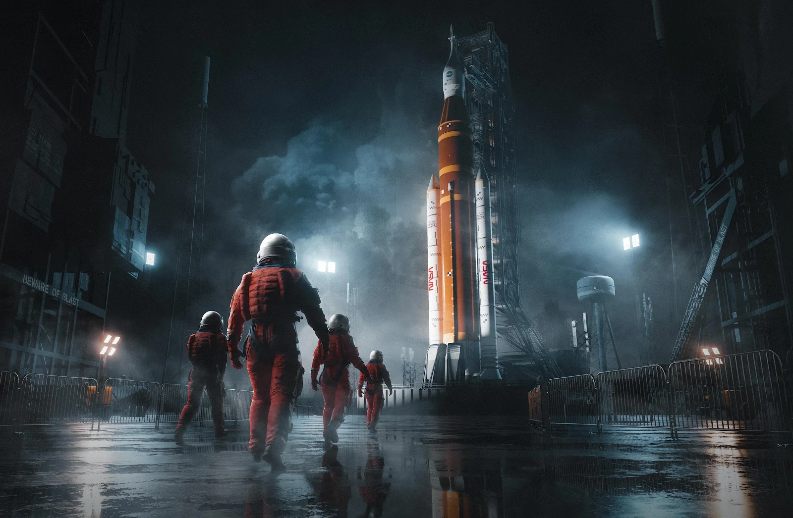 Astronauts Approaching Artemis Rocket - Sci-Fi Digital Art 4K Wallpaper (3840x2510)
