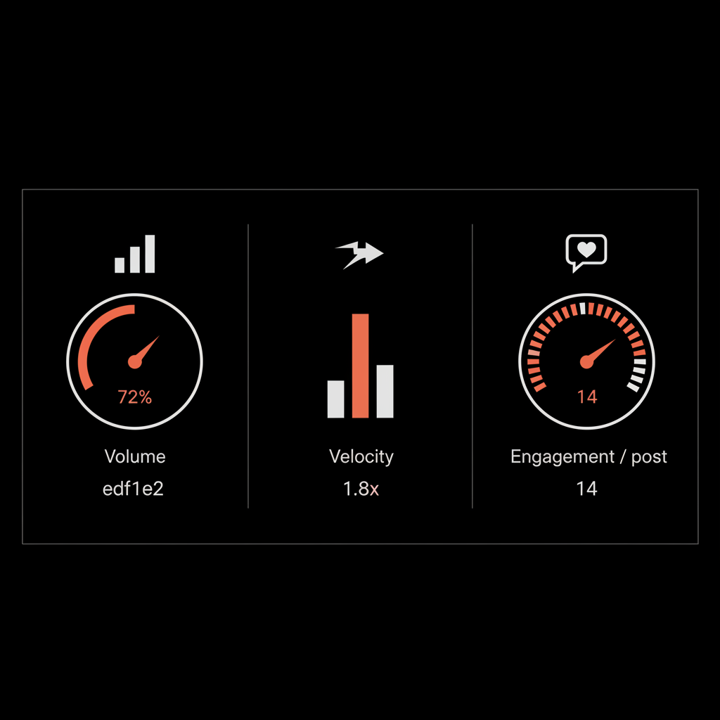Minimal full-frame infographic showing three dials for volume, velocity and engagement per post on a black background — check hashtag trends