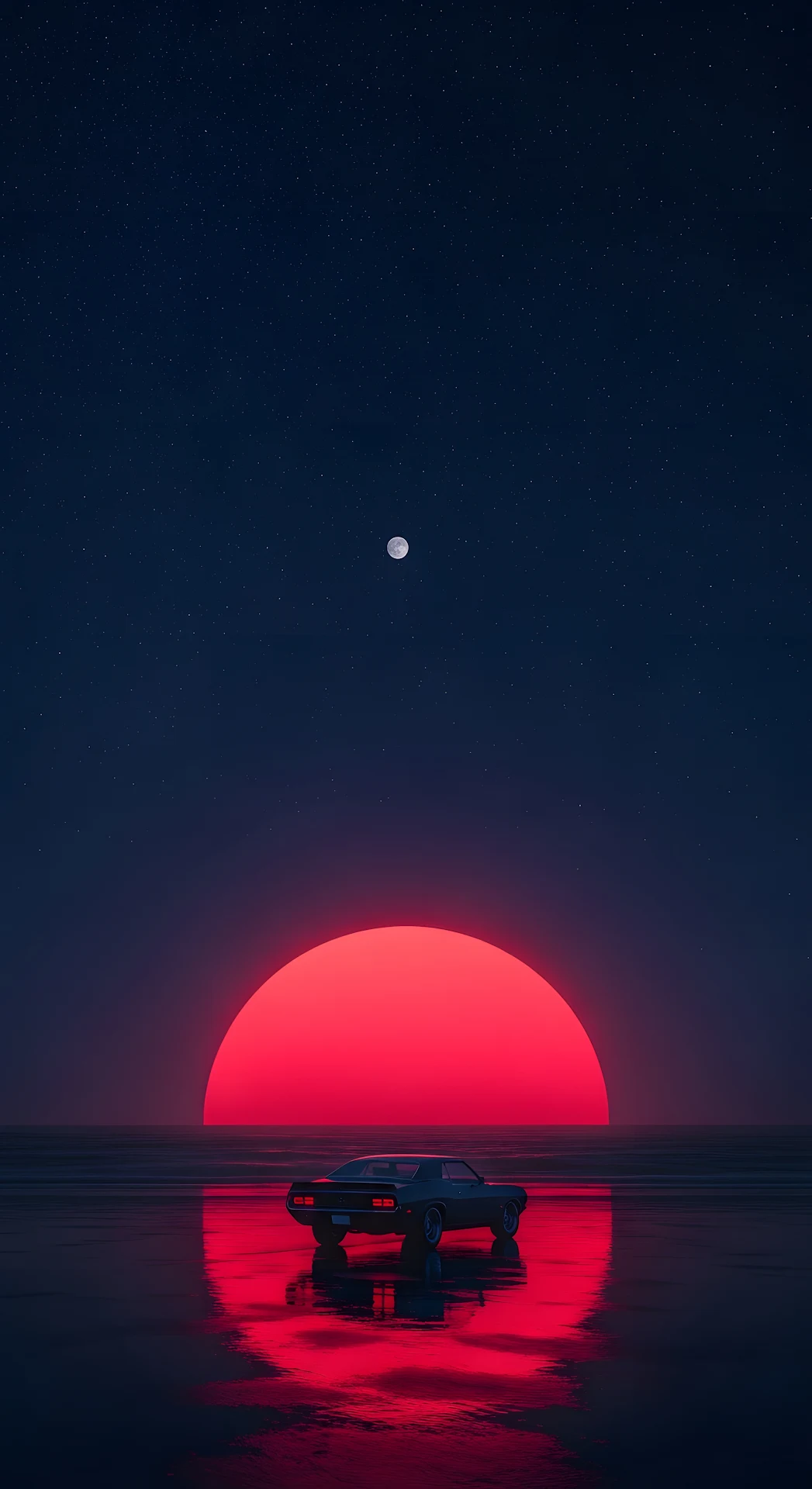 Surreal Night Drive Classic Car on Beach Under Giant Red Sun - Free 4K mobile Wallpaper