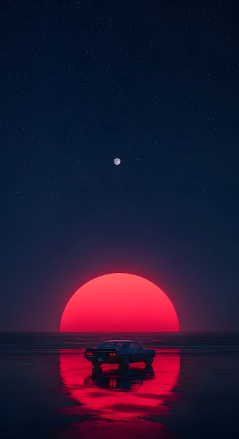 Surreal Night Drive Classic Car on Beach Under Giant Red Sun - Free mobile Wallpaper