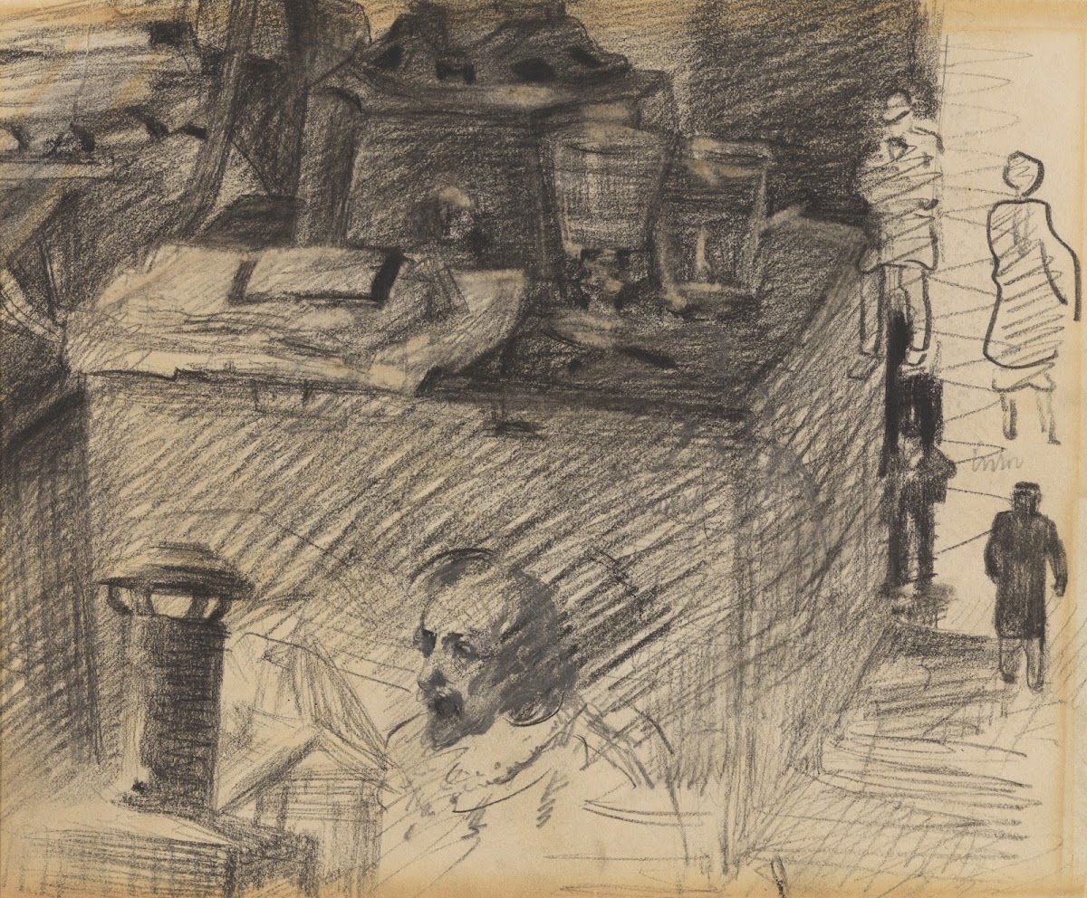 Hoek in het atelier met kachelvoet kist en figuren from 1880 until 1885